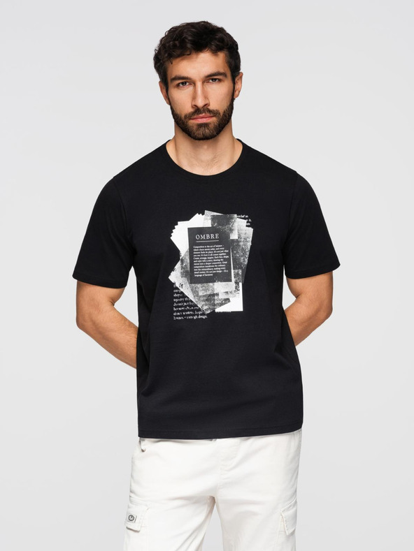 Ombre Clothing Muška pamučna majica sa zanimljivim printom na prsima - crna V1 OM-TSPT-0261 Ombre Clothing