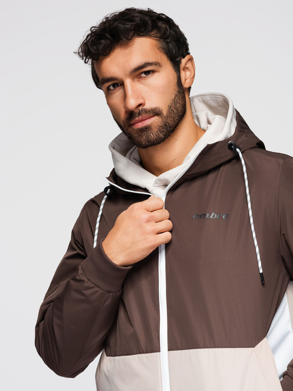 Ombre Clothing Muška lagana jakna regular fit s podstavom i kapuljačom - smeđa-bež V1 OM-JANP-0242 Ombre Clothing