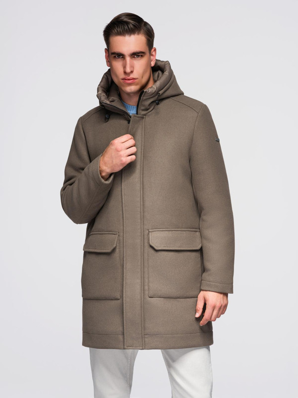 Ombre Clothing Muški vuneni kaput parka s kapuljačom - khaki V2 OM-COWC-0132 Ombre Clothing