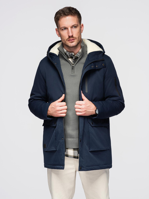 Ombre Clothing Muška dugačka parka jakna s ovčjom kožom - tamno plava V2 OM-JAPJ-0316 Ombre Clothing