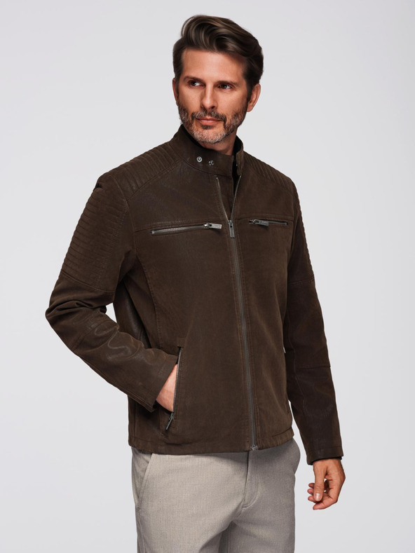 Ombre Clothing Muška stična jakna od ekokože s stojećim ovratnikom - tamno smeđa V1 C637 Ombre Clothing