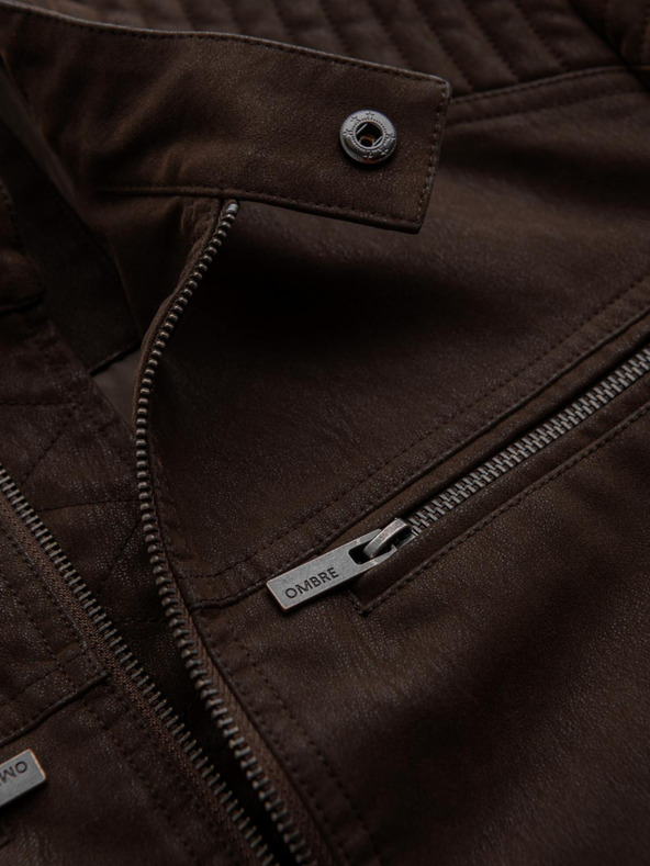 Ombre Clothing Muška stična jakna od ekokože s stojećim ovratnikom - tamno smeđa V1 C637 Ombre Clothing