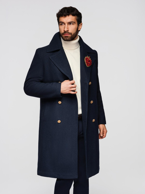 Ombre Clothing Muški dvořadni kaput s vunom i dekorativnim aplikacijama - V1 mornarsko plava OM-COWC-0149 Ombre Clothing