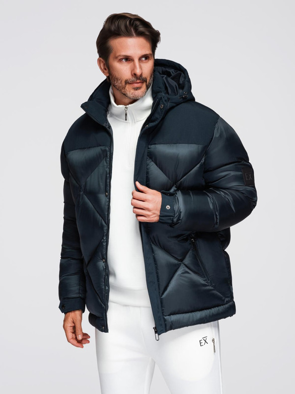 Ombre Clothing Muška jakna s kapuljačom i geometrijskim dijamantnim prošivanjem - tamno plava V2 OM-JAHP-0237 Ombre Clothing