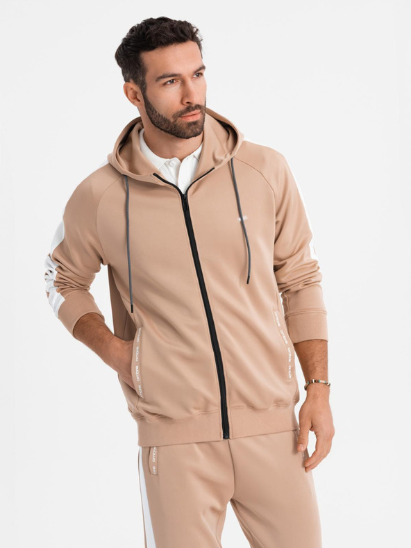 Ombre Clothing Muška mikina s kapuljačom na zavojnici + jogger hlače - bež V4 Z118 Ombre Clothing