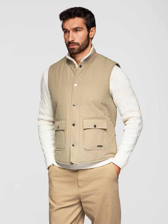 Ombre Clothing Muška casual prsluka bez rukava s okomitim prošivanjem - bež V2 OM-JAVJ-0323 Ombre Clothing