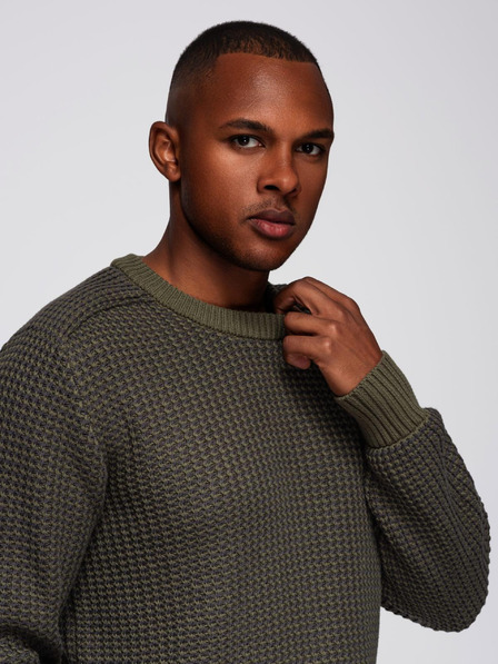 Ombre Clothing Muški pulover s kontrastnom vezom i okruglim izrezom - tamno olivno V2 OM-SWSW-0122 Ombre Clothing