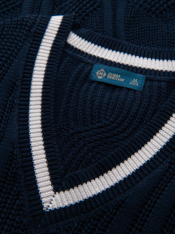 Ombre Clothing Muški karirani pulover s izrezom - tamno plavi V2 OM-SWSW-0151 Ombre Clothing