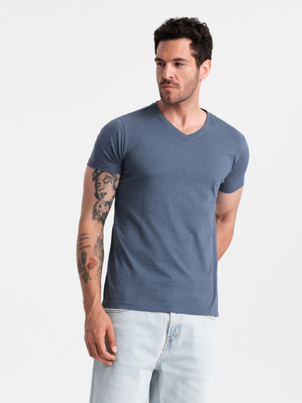 Ombre Clothing Muška klasična pamučna majica s V-izrezom BASIC - Blue Highlight V18 OM-TSBS-0145 Ombre odjeća