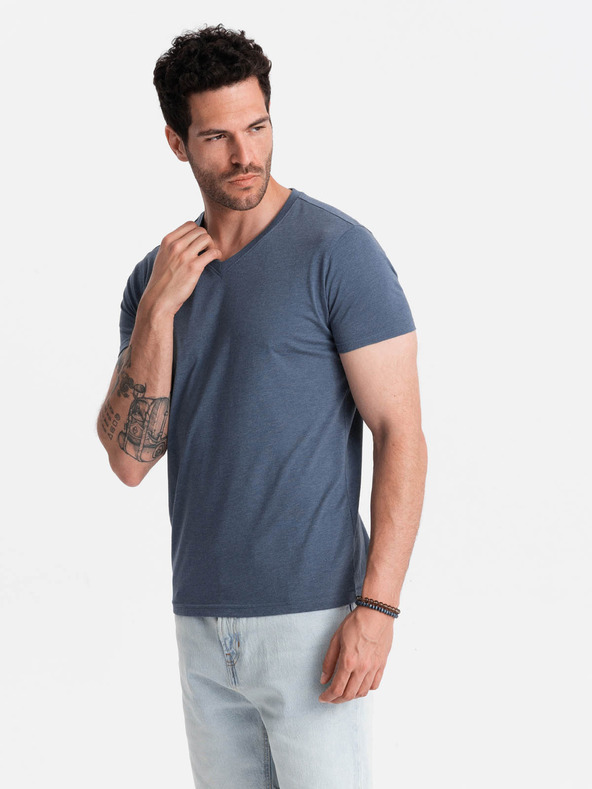 Ombre Clothing Muška klasična pamučna majica s V-izrezom BASIC - Blue Highlight V18 OM-TSBS-0145 Ombre odjeća