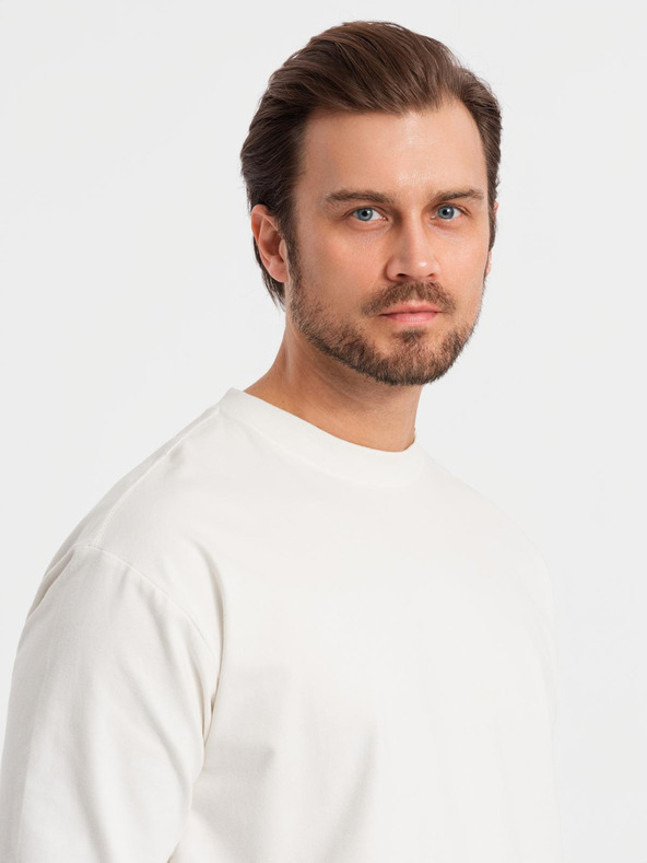 Ombre Clothing Muška pamučna majica kratkih rukava LOOSE FIT s okruglim izrezom - krem ​​V2 OM-LSBC-0129 Ombre odjeća