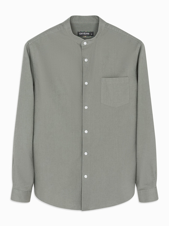 Ombre Clothing Muška platnena košulja s uspravnim ovratnikom i džepom REGULAR FIT - khaki