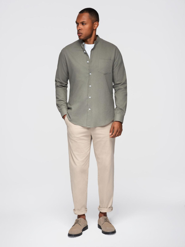 Ombre Clothing Muška platnena košulja s uspravnim ovratnikom i džepom REGULAR FIT - khaki