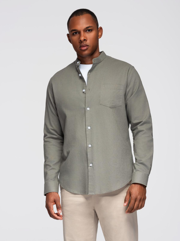 Ombre Clothing Muška platnena košulja s uspravnim ovratnikom i džepom REGULAR FIT - khaki