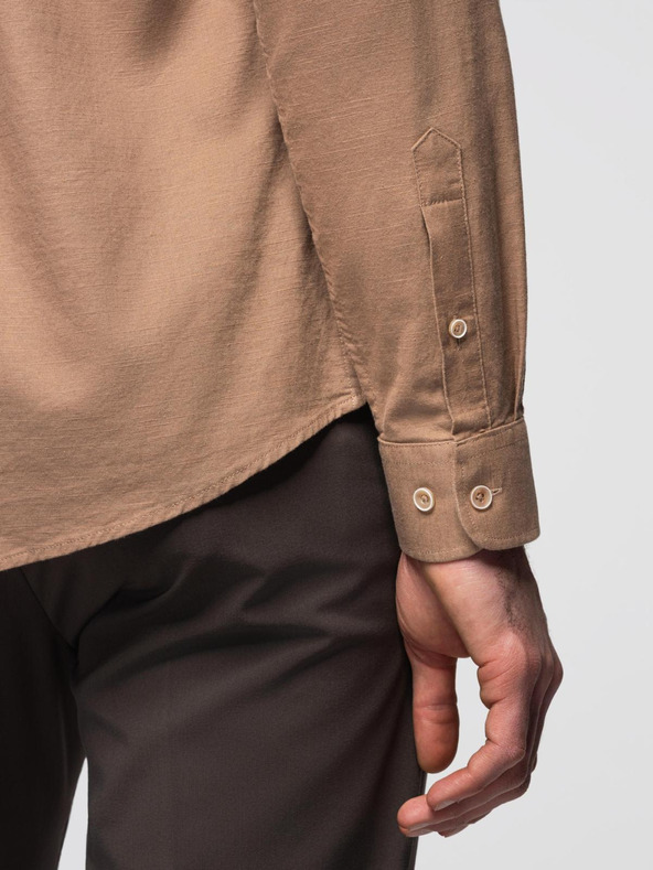 Ombre Clothing Muška lanena košulja s klasičnim ovratnikom i džepovima REGULAR FIT - svijetlo smeđa