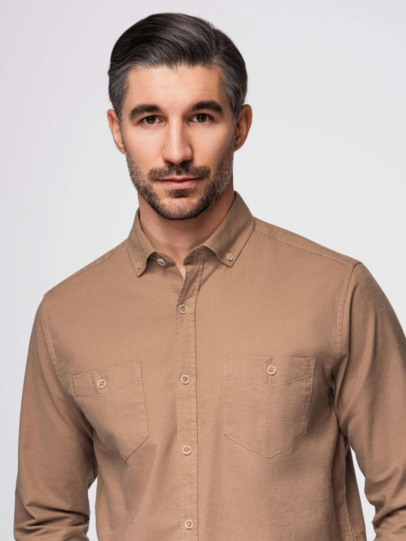 Ombre Clothing Muška lanena košulja s klasičnim ovratnikom i džepovima REGULAR FIT - svijetlo smeđa
