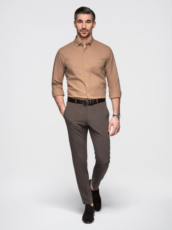 Ombre Clothing Muška lanena košulja s klasičnim ovratnikom i džepovima REGULAR FIT - svijetlo smeđa