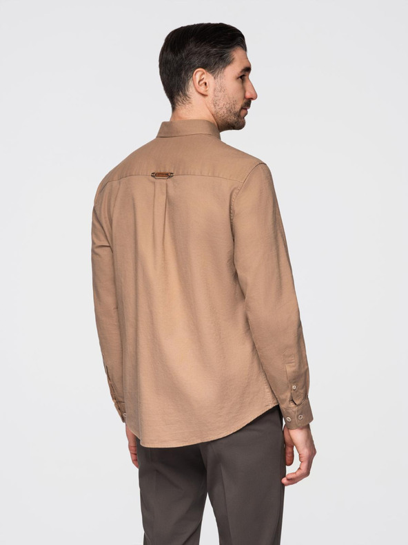 Ombre Clothing Muška lanena košulja s klasičnim ovratnikom i džepovima REGULAR FIT - svijetlo smeđa