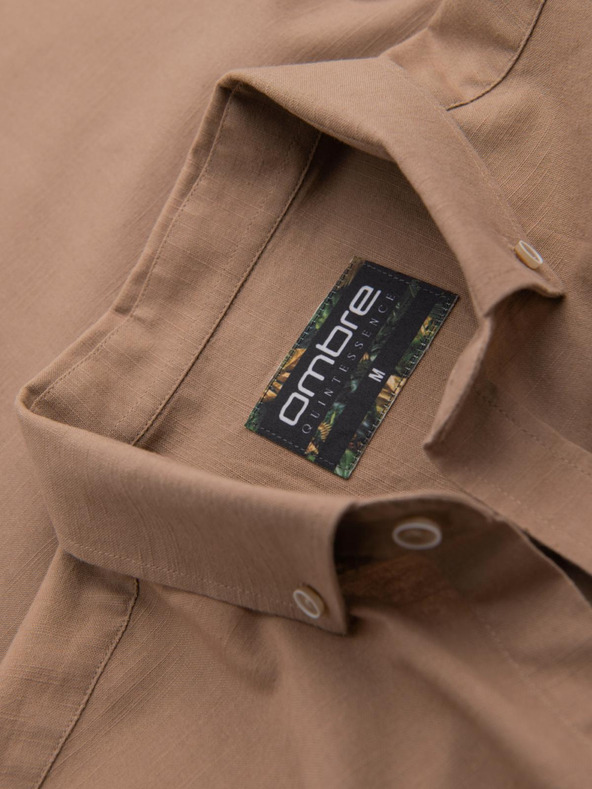 Ombre Clothing Muška lanena košulja s klasičnim ovratnikom i džepovima REGULAR FIT - svijetlo smeđa