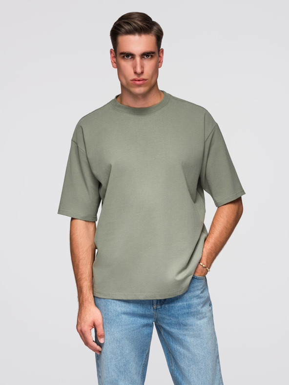 Ombre Clothing Muška pamučna majica LOOSE FIT s okruglim izrezom - khaki