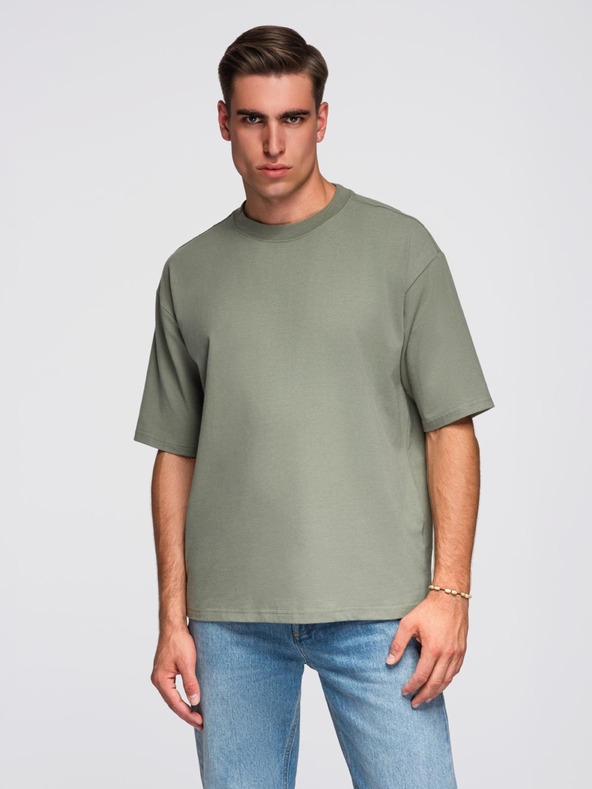 Ombre Clothing Muška pamučna majica LOOSE FIT s okruglim izrezom - khaki