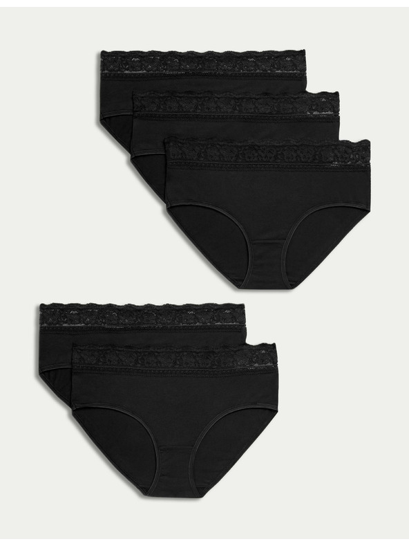 Marks & Spencer Čipkaste midi gaćice od pamuka s likrom, 5 kom u pakiranju Marks & Spencer crne