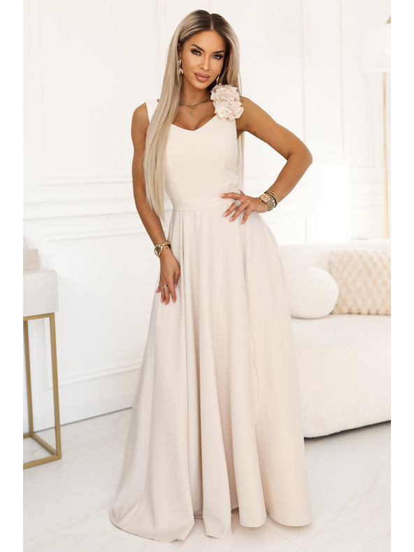 numoco Elegantne večernje maxi haljine sa razrezom i ružama - bež