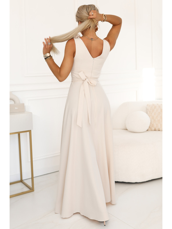 numoco Elegantne večernje maxi haljine sa razrezom i ružama - bež