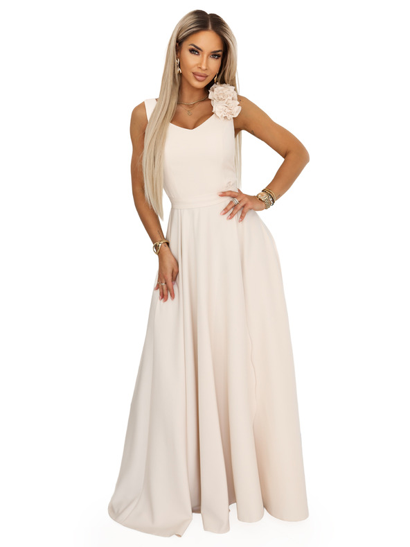 numoco Elegantne večernje maxi haljine sa razrezom i ružama - bež