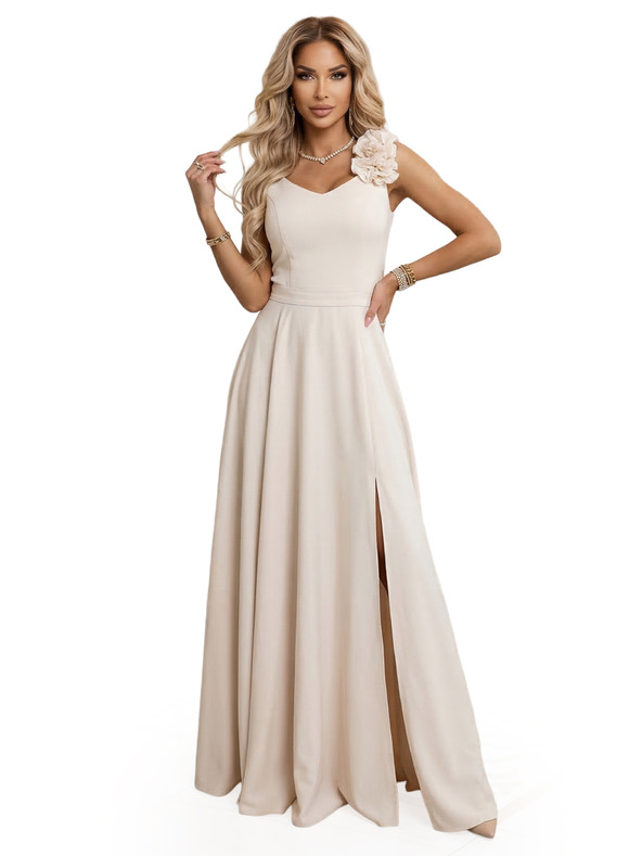 numoco Elegantne večernje maxi haljine sa razrezom i ružama - bež