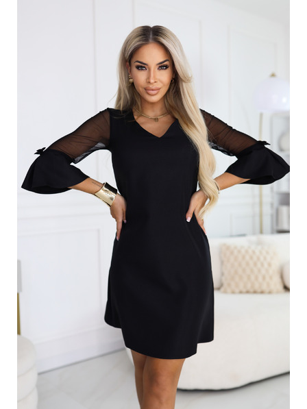 numoco Trapezoidne trblietavé šaty s tylovými rukávmi a výstrihom V - čierne
