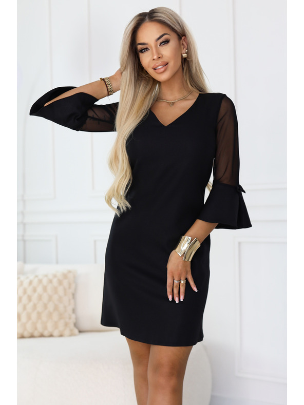 numoco Trapezoidne trblietavé šaty s tylovými rukávmi a výstrihom V - čierne