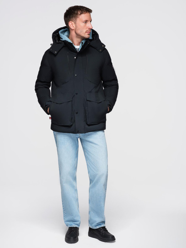 Ombre Clothing Pánska zimná bunda s odnímateľnou kapucňou z nepremokavej tkaniny - čierna V3 OM-JAHP-0306 Ombre Clothing