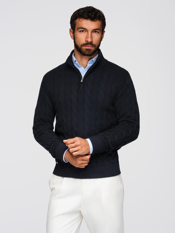 Ombre Clothing Moškarac karirani pleteni pulover sa zipom - crni V2 OM-SWZS-0138 Ombre Clothing