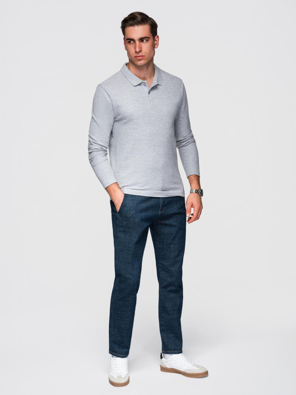 Ombre Clothing Muška majica s dugim rukavima i polo ovratnikom BASIC - siva melanž V4 OM-POBL-0162 Ombre Clothing