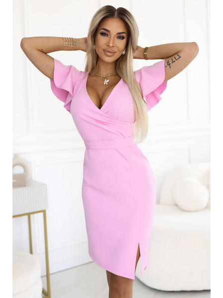 numoco 479-10 NINA elegantne haljine s V-izrezom, rukavima i pojasom - candy roza