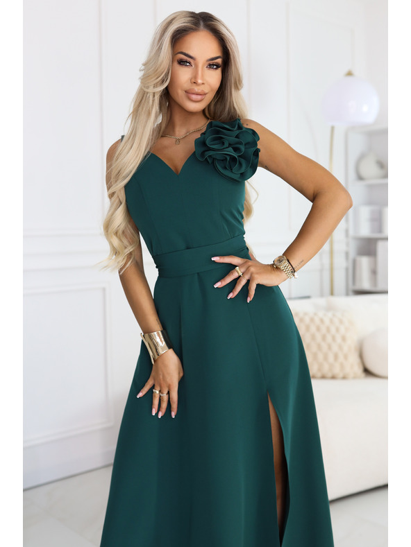 numoco Romantična maxi haljina s cvjetom na ramenu i razrezom - boca zelena