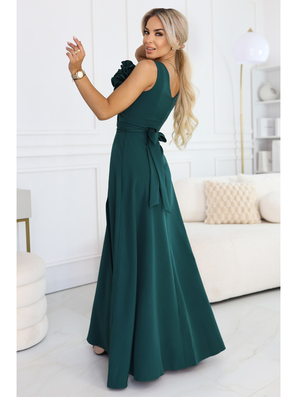numoco Romantična maxi haljina s cvjetom na ramenu i razrezom - boca zelena