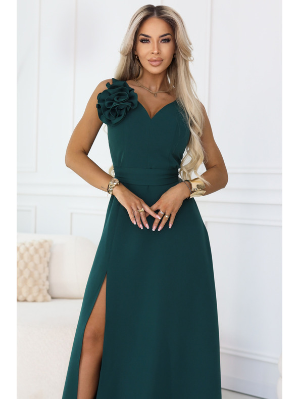 numoco Romantična maxi haljina s cvjetom na ramenu i razrezom - boca zelena