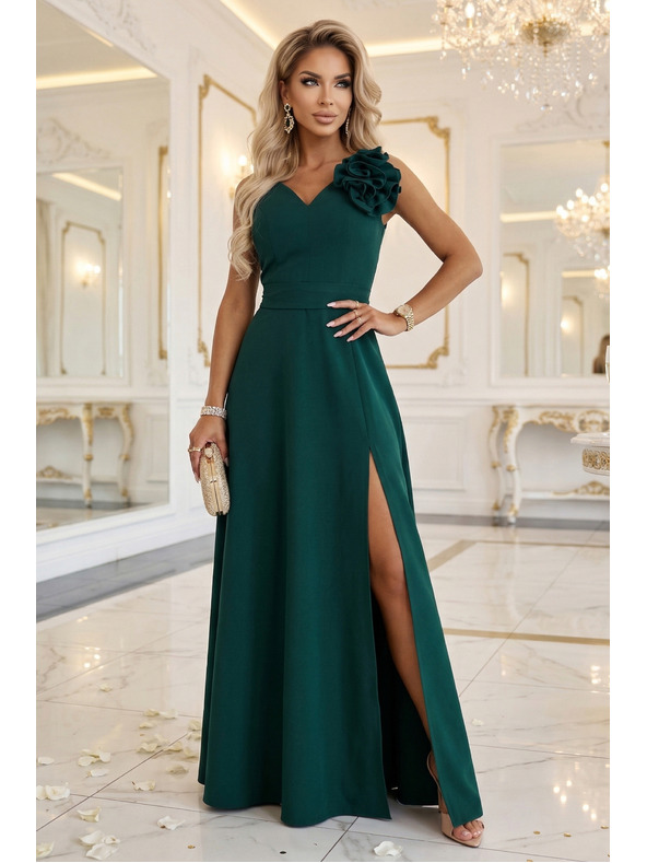 numoco Romantična maxi haljina s cvjetom na ramenu i razrezom - boca zelena