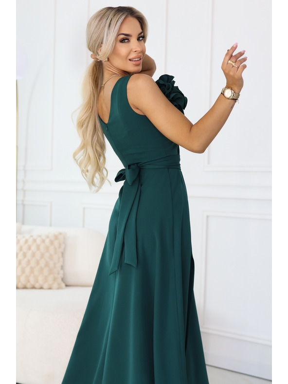 numoco Romantična maxi haljina s cvjetom na ramenu i razrezom - boca zelena