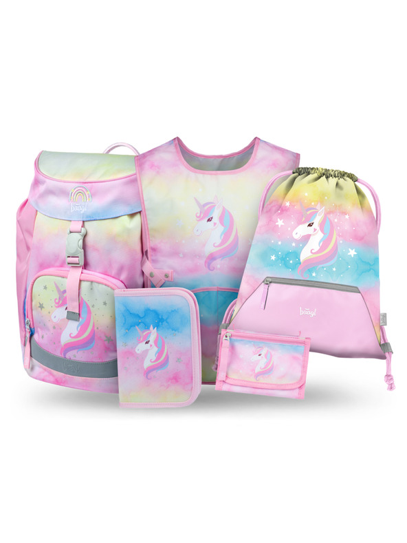 BAAGL  BAAGL SET 5 Airy Rainbow Unicorn: ruksak, pernica, vrećica, pregača, novčanik