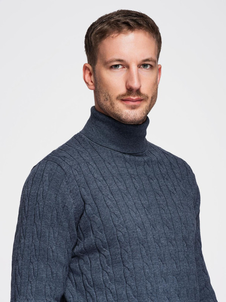 Ombre Clothing Muski pulover s rolkom i kockastim pletenjem - tamno plava V3 OM-SWTN-0157 Ombre Clothing