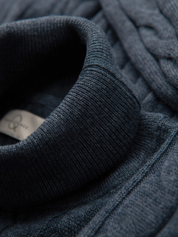 Ombre Clothing Muski pulover s rolkom i kockastim pletenjem - tamno plava V3 OM-SWTN-0157 Ombre Clothing