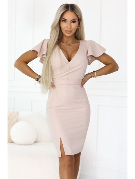 numoco NINA Elegantne haljine sa omotačem izrezom, rukavom i pojasom - bež sa sjajom