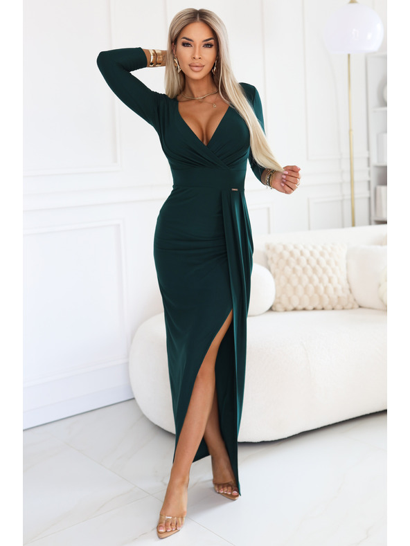 numoco Elegantne duge haljine sa omotačem izrezom i procjepom - boca zelena