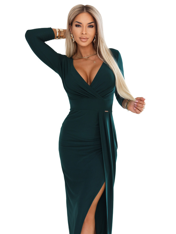 numoco Elegantne duge haljine sa omotačem izrezom i procjepom - boca zelena