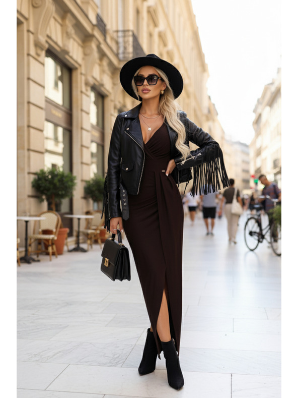 numoco Elegantne duge haljine s preklopnim izrezom i prorezom - čokoladno smeđe