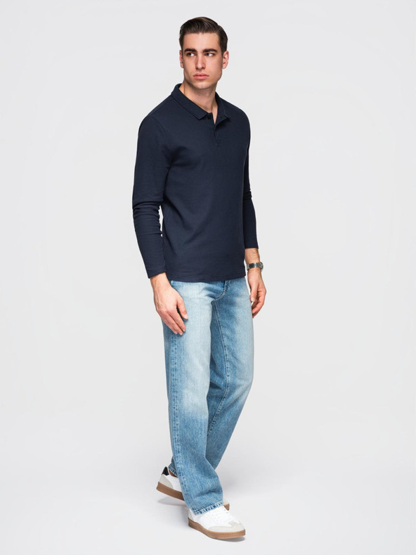 Ombre Clothing Muška BASIC majica s dugim rukavima i polo ovratnikom - tamno plava V3 OM-POBL-0162 Ombre Clothing