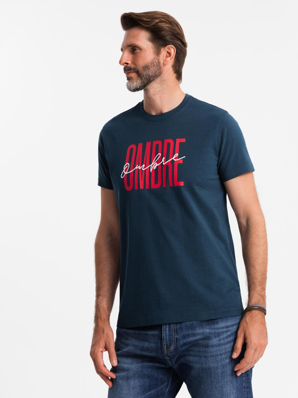 Ombre Clothing Muske pamučne majice sa dvostrukim logotipom - tamno plava V3 S2041 Ombre Clothing